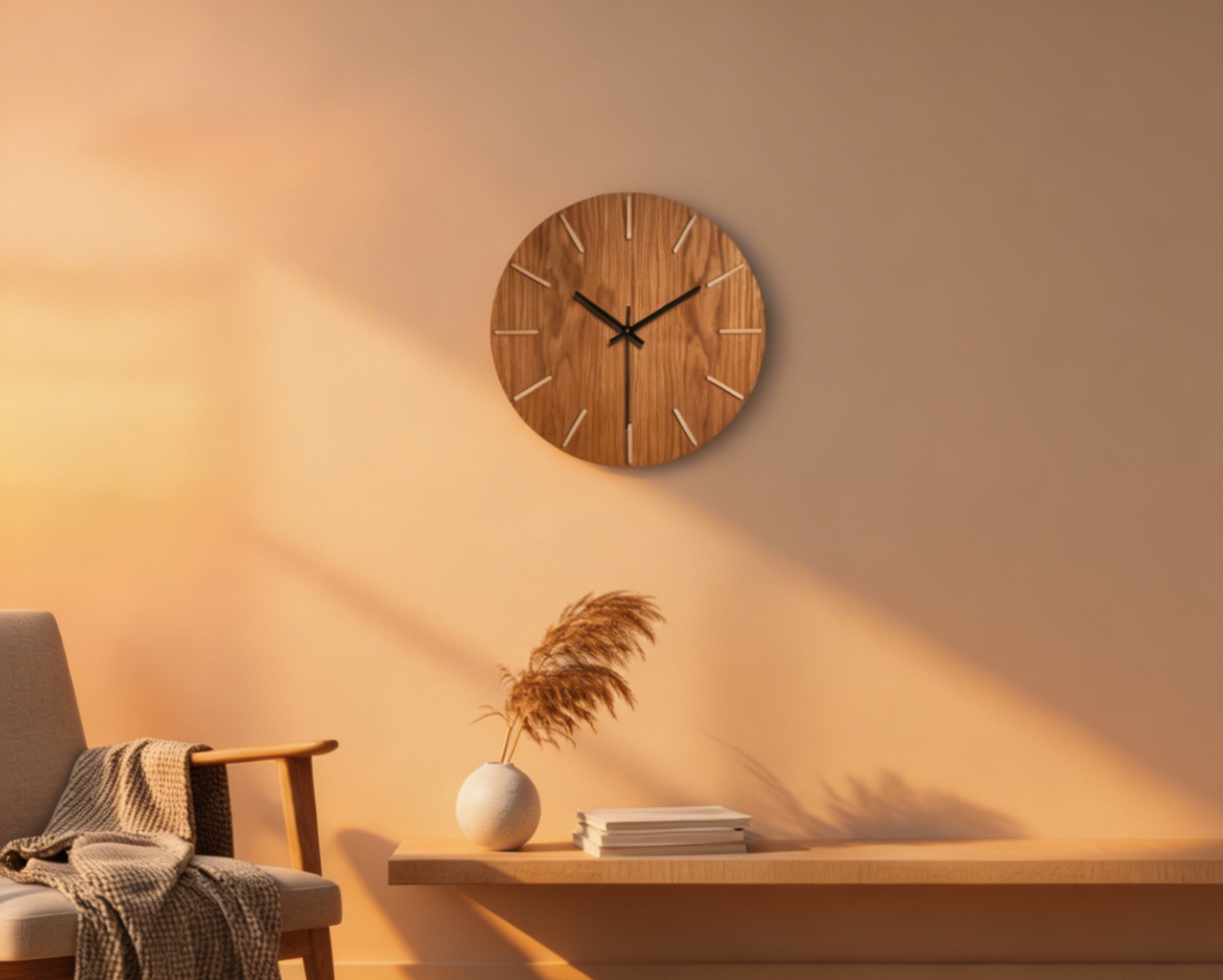 Wooden Minimalist Silent Wall Clock – Solid Oak